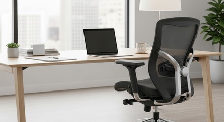 Ergonomic chair stands ready in office, offering comfortable workspace seating. Contemporary ergonomic chair presents modern office furniture. Consider ergonomic chair for employee well being.
