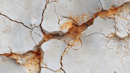 Naklejka premium Abstract texture of cracked white plaster with rust stains, perfect for backgrounds and design.