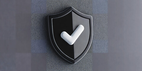 Black shield emblem with white check mark on textured gray background badge symbol