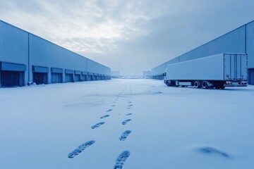 Snow-covered warehouse area with truck parked, showing clear footprints leading into the distance at dawn in an industrial setting