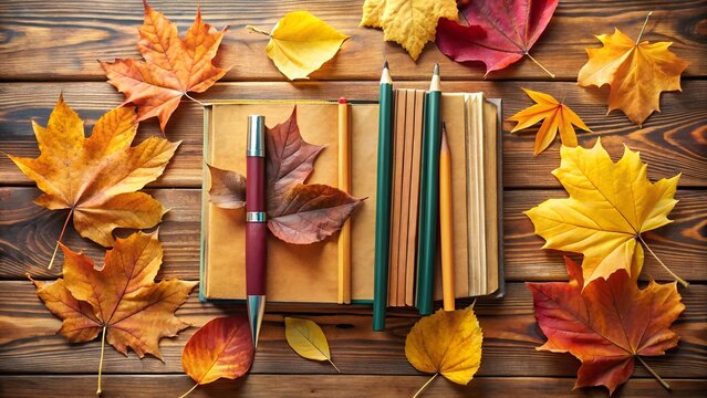 A beautiful arrangement of colorful autumn leaves surrounding an open notebook with a pen and pencils, set against a rustic wooden background