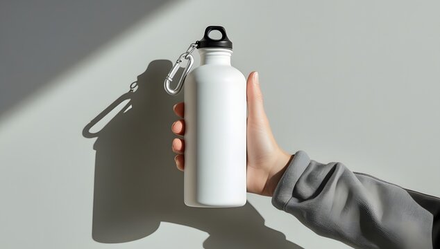 Close up of a person holding a blank white reusable water bottle, promoting a healthy and sustainable zero waste lifestyle with hard light and shadow
