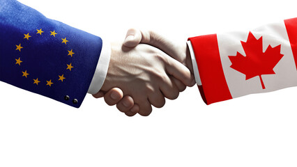 Handshake between European Union and Canada symbolizing diplomacy, trade relations, CETA agreement, political cooperation, international partnership, and successful negotiations.