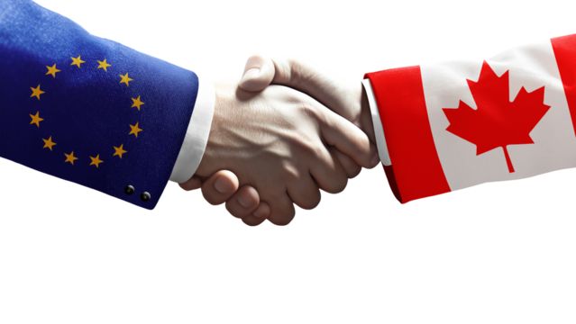 Handshake between European Union and Canada symbolizing diplomacy, trade relations, CETA agreement, political cooperation, international partnership, and successful negotiations.