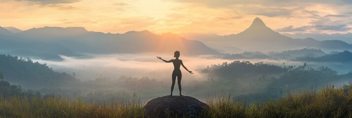 Sunrise over misty mountains with a silhouette of a person celebrating natures beauty in an outdoor landscape