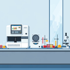 Illustration of a laboratory with equipment and glassware on a counter.