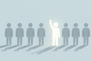 Vector illustration of glowing figure raising hand among group of silhouettes. Concept of individuality, leadership and standing out from the crowd
