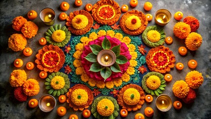Intricate and colorful floral rangoli design adorned with marigolds and diyas, symbolizing prosperity and joy during the festive season of diwali