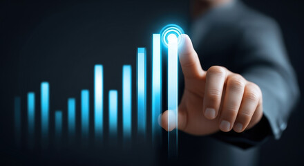 Businessman touching glowing digital bar chart with futuristic interface for data analysis and growth, Concept of financial success, analytics and business strategy
