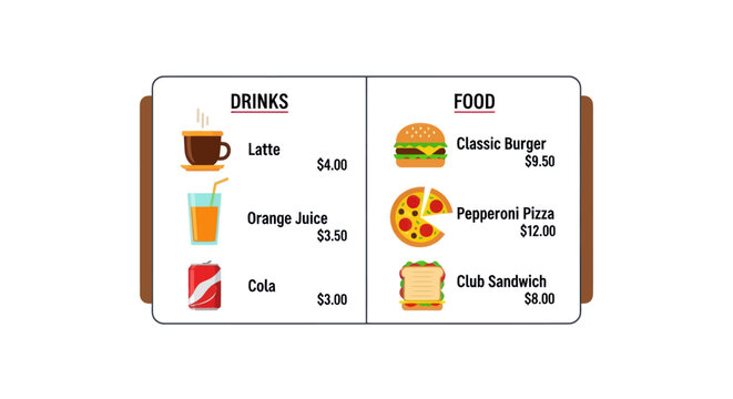 Illustrated Menu Board Featuring Drinks and Food Items with Prices.