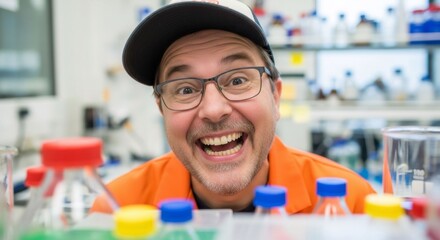 Smiling man in laboratory with colorful bottles  
