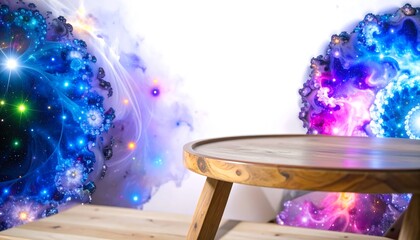 Round wooden table in front of a vibrant space mural