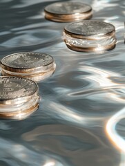 Shiny coins resting on the surface of water showcasing rippling reflections and details under bright lights