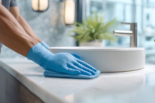Close-up of a person wearing protective gloves cleaning a bathroom sink with a microfiber cloth, ensuring hygiene and sanitation in a modern home environment.