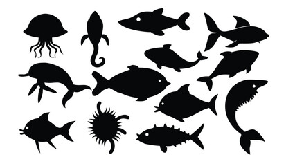 Obraz premium Fish Silhouettes Collection Vector Set | Black Marine Animal Shapes Illustration