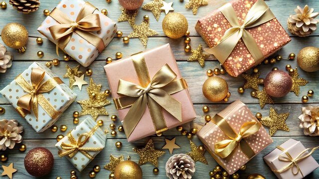 Beautifully wrapped christmas gifts with golden ribbons and bows, surrounded by sparkling ornaments and pine cones on a wooden table