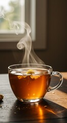 Steaming Brew: A close-up of a steaming cup of tea, evoking warmth and comfort. The translucent cup displays a rich amber hue, inviting a moment of peaceful contemplation. 