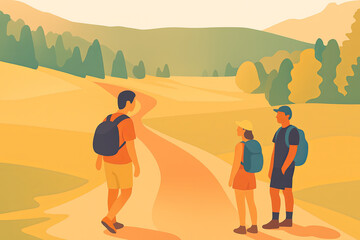 Fototapeta premium Group of friends hiking on path in sunny mountain landscape illustration.