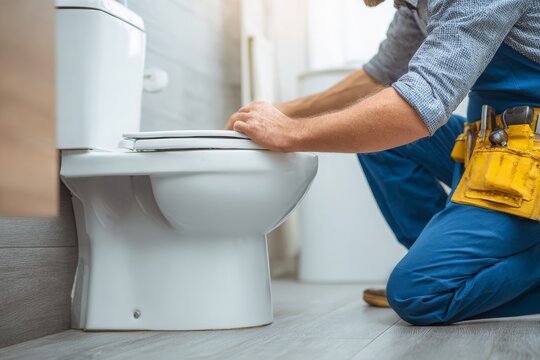 Plumber in blue uniform kneeling while installing a new toilet seat in a bright bathroom. Home improvement and sanitary equipment maintenance service concept.