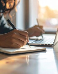 Close-up of hands writing in a notebook next to a laptop