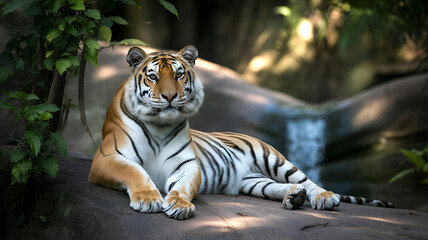 Majestic Tiger Resting on a Rock in Lush Greenery