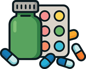 Pharmaceutical Product Vector &ndash; Colorful Pills, Capsules, and Medicine Bottle for Healthcare or Pharmacy Use