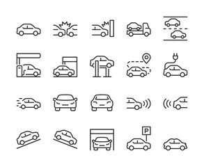 Car and Driving, icon set. Traffic, accidents, towing, parking, charging, navigation, electric car, sensors, speed, inspection, fuel station, road safety, transportation. Line with editable stroke