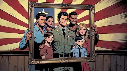 Oldschool comic style family holding portrait of soldier against patriotic background. Veterans Day concept