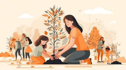 A flat vector illustration of diverse people planting trees in autumnal park with warm yellow and olive tones under soft daylight for environmental campaign graphics