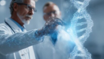 In a modern laboratory, scientists delve into the study of digital representations of DNA helix structures - Powered by Adobe