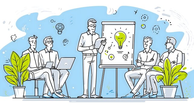A business team listens to a presenter at a flipchart with a green lightbulb icon in line-art style on a blue background for brainstorming use