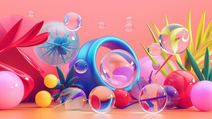 Playful 3D abstract composition with glossy spheres and bubbles