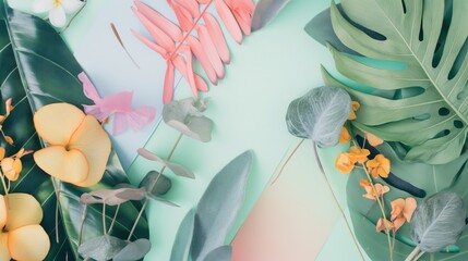Tropical leaves and flowers flat lay on pastel mint background