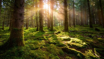Obraz premium Beautiful Forest With Moss Covered Soil And Sunbeams Through The Trees