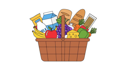 Cartoon Illustration of a Full Picnic Basket with Groceries. © Ilma