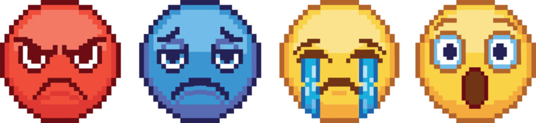 Four pixelated emoji faces displaying different emotions on transparent background