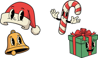 Cartoon christmas icons: santa hat, candy cane, bell, and gift on transparent background