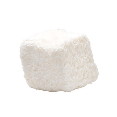A cubical piece of white confectionery covered with coconut flakes, representing a sweet coconut-flavored treat.