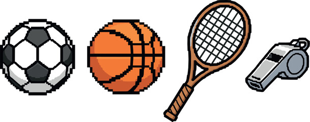 Pixel art: soccer ball, basketball, tennis racket, and whistle on transparent background