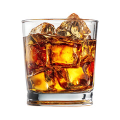 A glass filled with brown liquor and several ice cubes, showcasing a cold and refreshing drink.