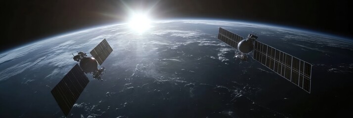 Satellites orbiting Earth as the sun rises over the horizon, showcasing the beauty of space and our planet from above
