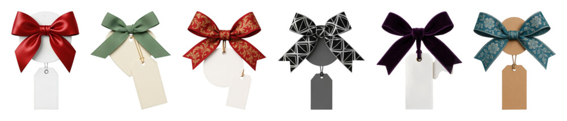 Decorative bows and blank gift tags set including various colors, materials, and patterns isolated. Gifting, retail, and holiday collection.