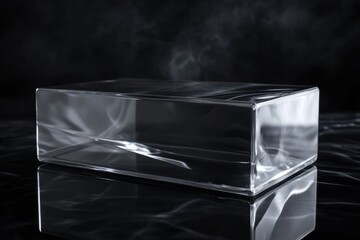 Clear rectangular glass block resting on a dark reflective surface with wisps of smoke drifting around it in a dimly lit environment