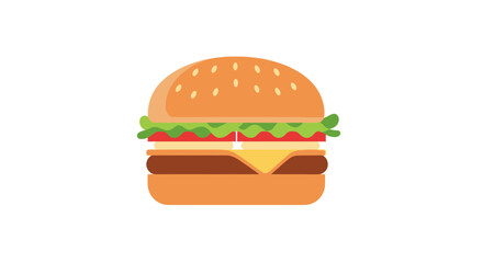 Delicious Cartoon Hamburger with Lettuce Tomato Cheese and Sesame Seed Bun.