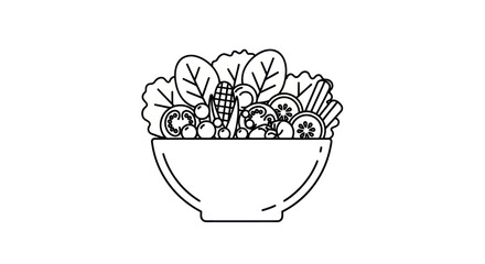 Healthy Fresh Salad Bowl Line Art Illustration.