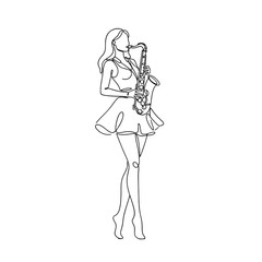 Line drawing of a woman playing saxophone in a short dress  