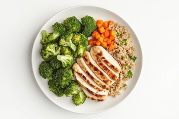 Healthy grilled chicken with steamed broccoli, quinoa, and diced carrots served in a bowl for a nutritious meal