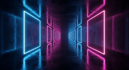 Endless tunnel of glowing blue and pink neon frames in a dark, reflective concrete hallway with a futuristic sci-fi aesthetic