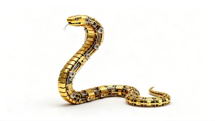 A golden 3D mechanical cobra isolated on a white background