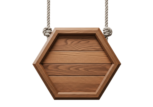 Rustic Hexagon Wooden Sign Hanging by Rope Empty Space for Your Message Isolated on Transparent Background